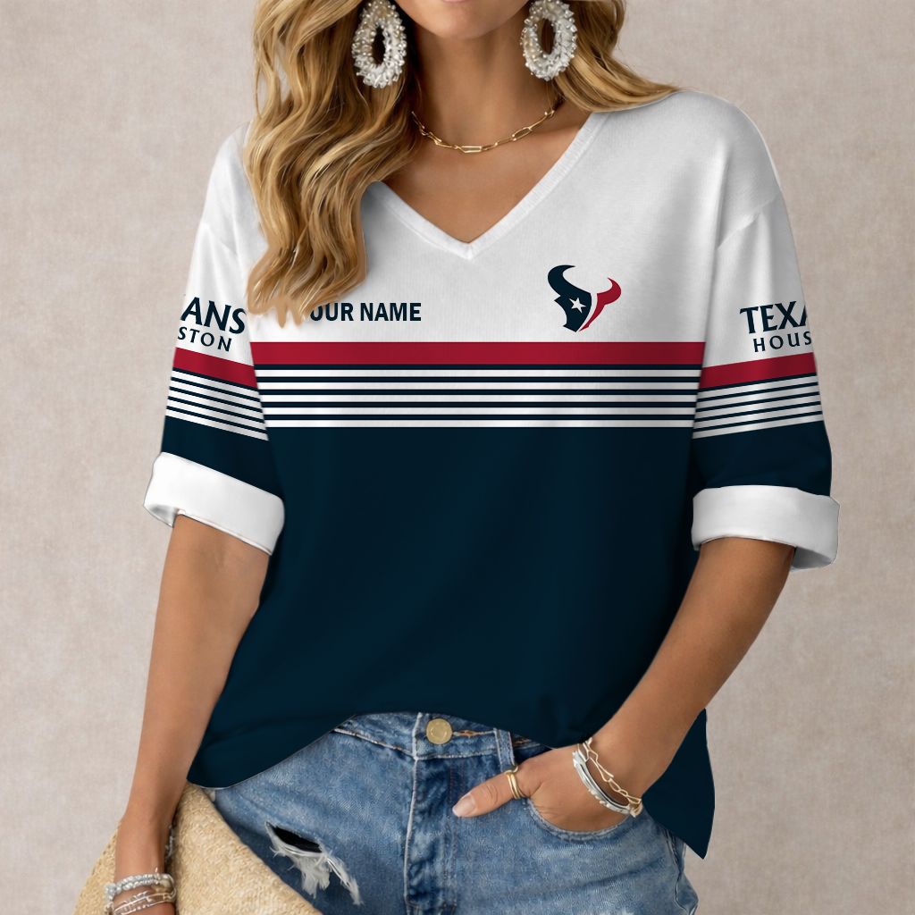 VIRAL EDITION - NEW CUSTOMIZED NFL15 HTT HOUSTON TEXANS WOMEN'S HEART V-NECK LONG SLEEVE SHIRT