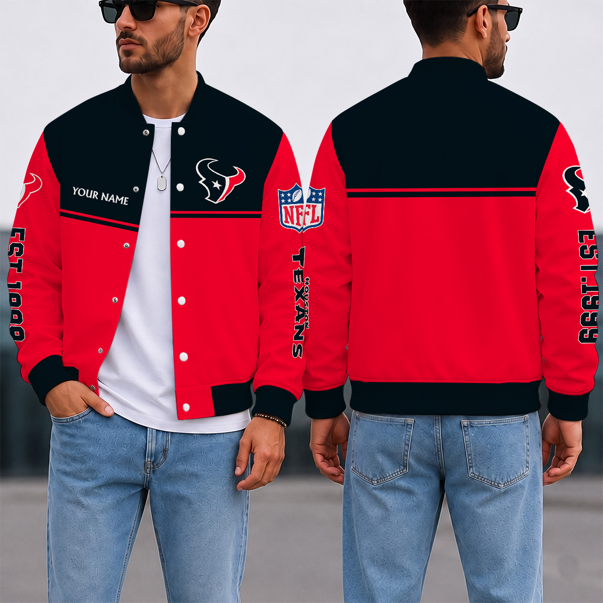 LIMITED EDITION - NEW CUSTOMIZED NFL15 HTT HOUSTON TEXANS SATIN VARSITY & BASEBALL JACKET