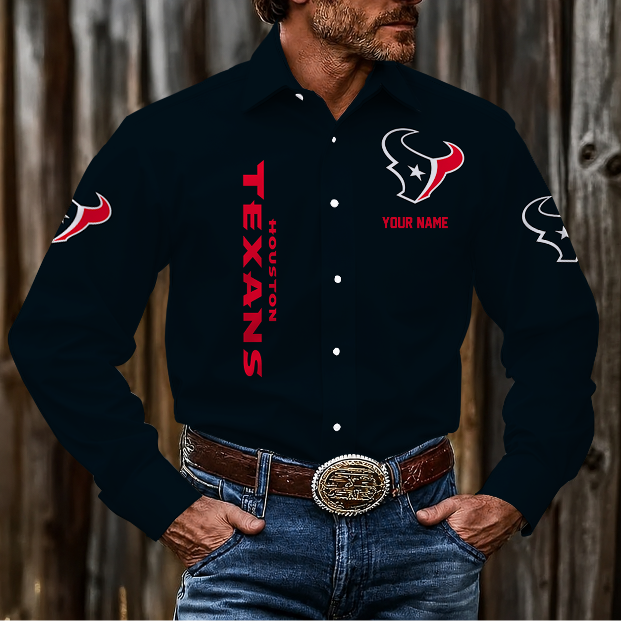 LIMITED EDITION - NEW CUSTOMIZED NFL15 HTT HOUSTON TEXANS MEN'S LONG SLEEVE BUTTON-UP SHIRT