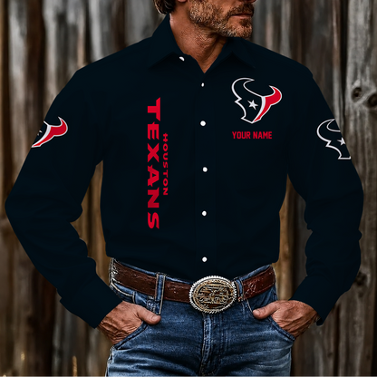LIMITED EDITION - NEW CUSTOMIZED NFL15 HTT HOUSTON TEXANS MEN'S LONG SLEEVE BUTTON-UP SHIRT