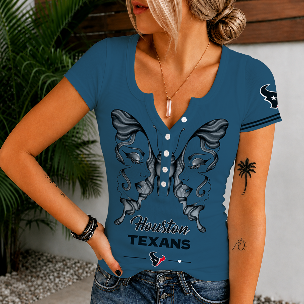 [SPECIAL OFFER] NEW CUSTOMIZED NFL15 HTT HOUSTON TEXANS WOMEN'S SHORT SLEEVE HENLEY T-SHIRT