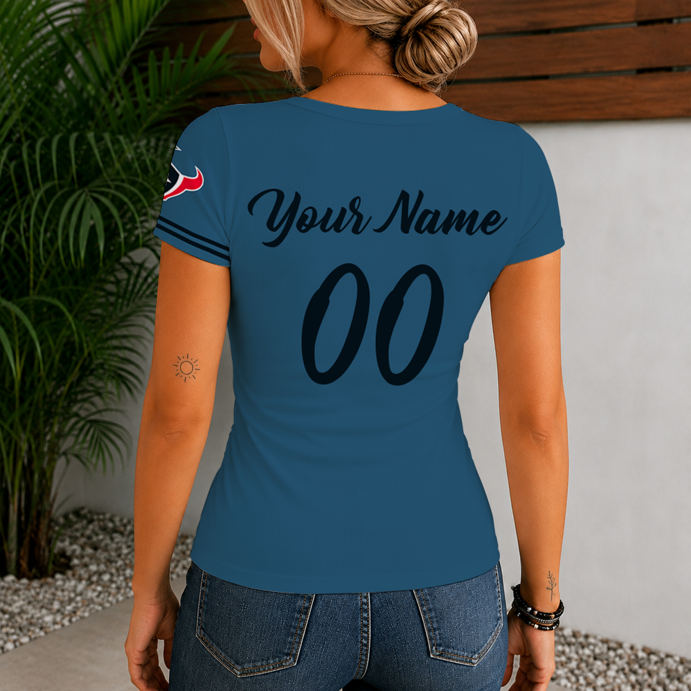 [SPECIAL OFFER] NEW CUSTOMIZED NFL15 HTT HOUSTON TEXANS WOMEN'S SHORT SLEEVE HENLEY T-SHIRT