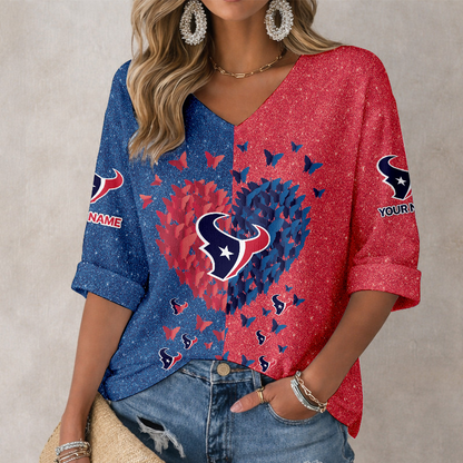 LIMITED EDITION - NEW CUSTOMIZED NFL15 HTT HOUSTON TEXANS WOMEN'S HEART V-NECK LONG SLEEVE SHIRT
