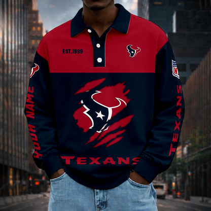 LIMITED EDITION - NEW CUSTOMIZED NFL15 HTT HOUSTON TEXANS MEN LONG SLEEVE POLO