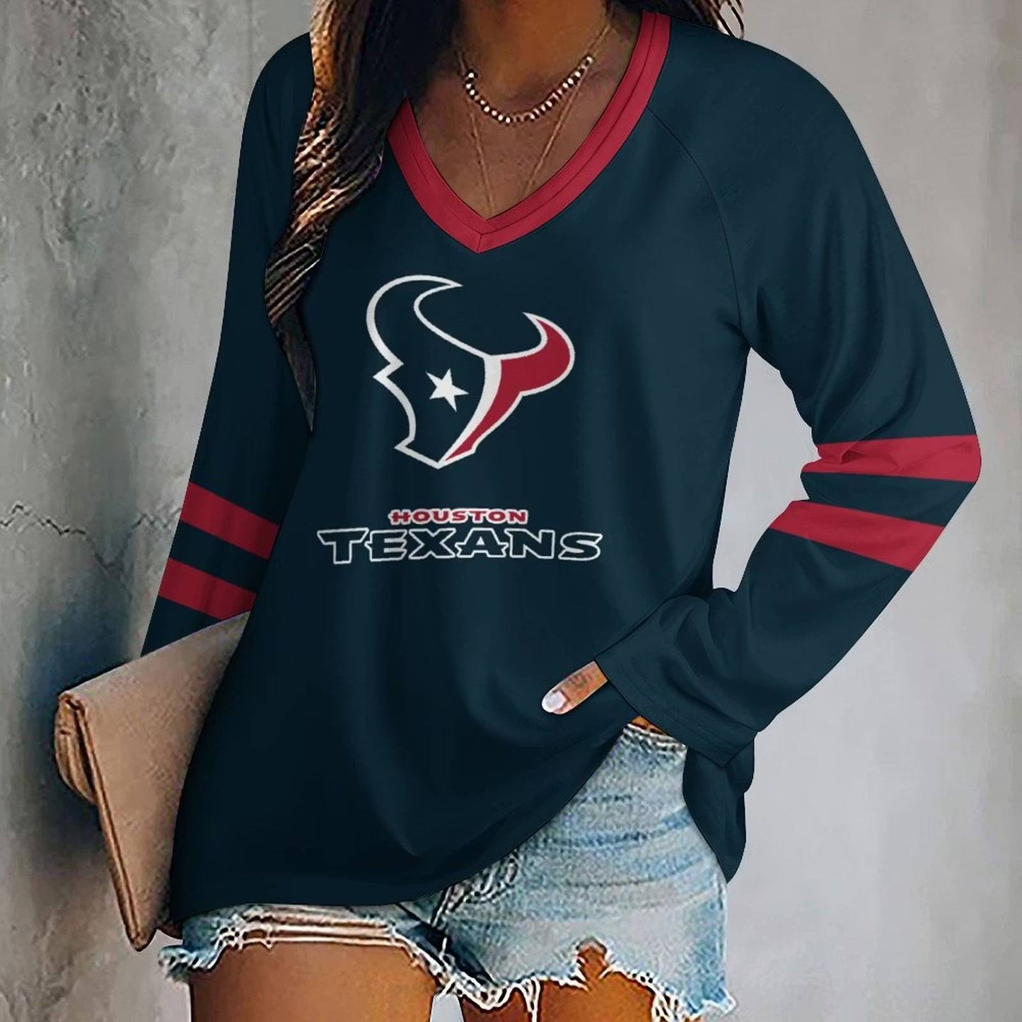 LIMITED EDITION - NEW CUSTOMIZED NFL15 HTT HOUSTON TEXANS WOMEN'S V-NECK LONG SLEEVED SHIRT