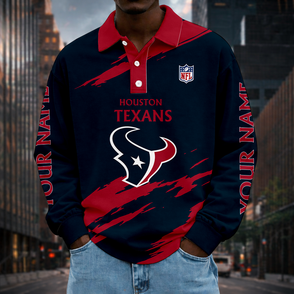 LIMITED EDITION - NEW CUSTOMIZED NFL15 HTT HOUSTON TEXANS MEN LONG SLEEVE POLO