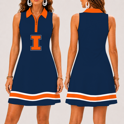 [FAN FAVORITE] NEW CUSTOMIZED NCAA MAM15 IFI ILLINOIS FIGHTING ILLINI STRAPPY WOMEN'S ZIP SLEEVELESS POLO DRESS