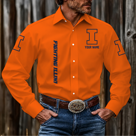 EXCLUSIVE EDITION - NEW CUSTOMIZED NCAA MAM15 IFI ILLINOIS FIGHTING ILLINI MEN'S LONG SLEEVE BUTTON-UP SHIRT
