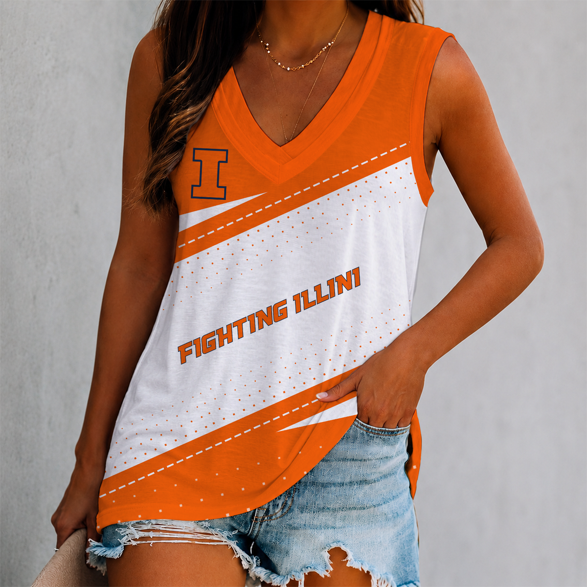 EXCLUSIVE EDITION - NEW CUSTOMIZED NCAA MAM15 IFI ILLINOIS FIGHTING ILLINI WOMEN'S V-NECK TANK TOP