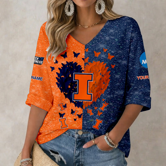 LIMITED EDITION - NEW CUSTOMIZED NCAA MAM15 IFI ILLINOIS FIGHTING ILLINI WOMEN'S HEART V-NECK LONG SLEEVE SHIRT