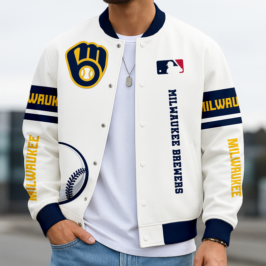 LIMITED EDITION - NEW CUSTOMIZED MLB15 MBS MILWAUKEE BREWERS BASEBALL JACKET, SATIN VARSITY JACKET