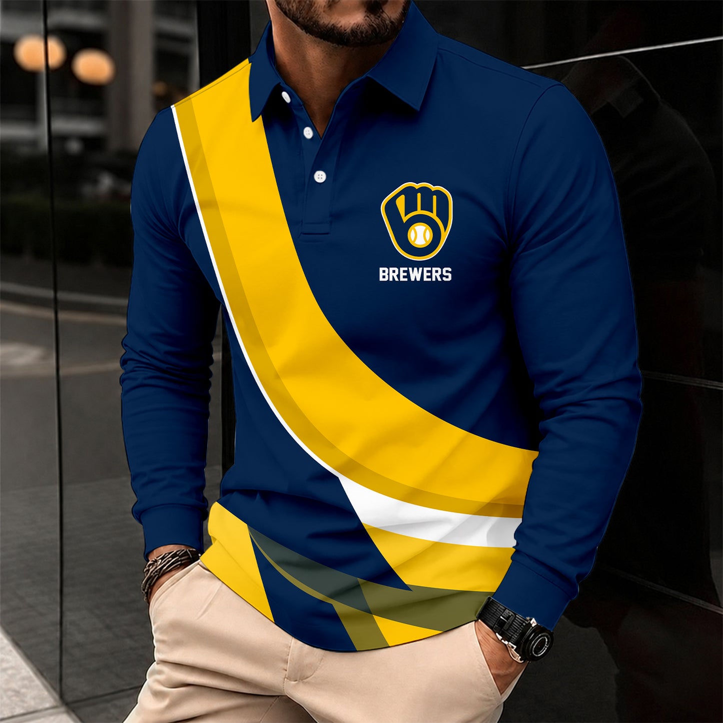 [FLASH SALE] NEW CUSTOMIZED MLB15 MBS MILWAUKEE BREWERS MEN'S LONG SLEEVE POLO