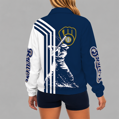 [FLASH SALE] NEW CUSTOMIZED MLB15 MBS MILWAUKEE BREWERS V-NECK ZIPPER SWEATSHIRT JACKET