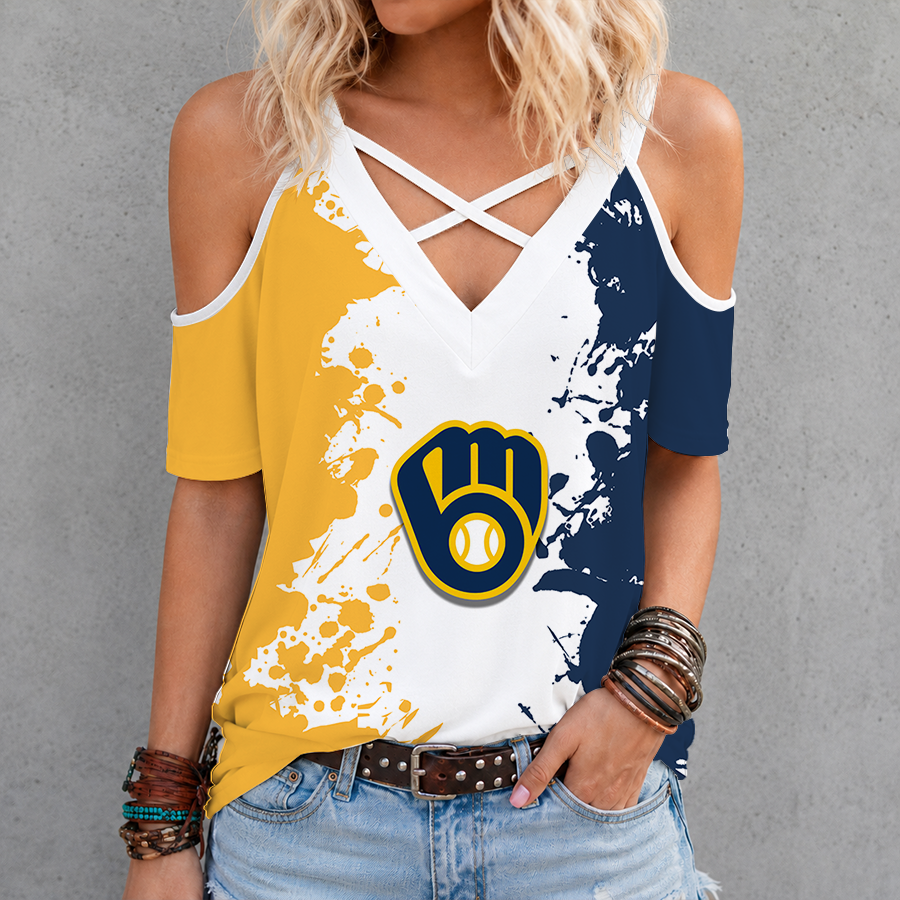 [FLASH SALE] NEW CUSTOMIZED MLB15 MBS MILWAUKEE BREWERS CRISS CROSS V-NECK TOP