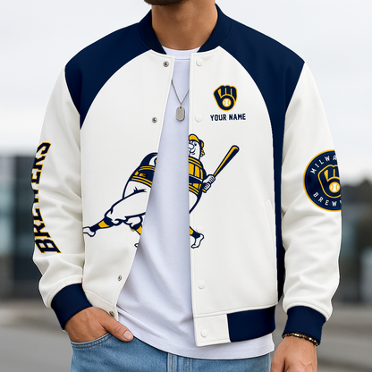 LIMITED EDITION - NEW CUSTOMIZED MLB15 MBS MILWAUKEE BREWERS BASEBALL JACKET, SATIN VARSITY JACKET