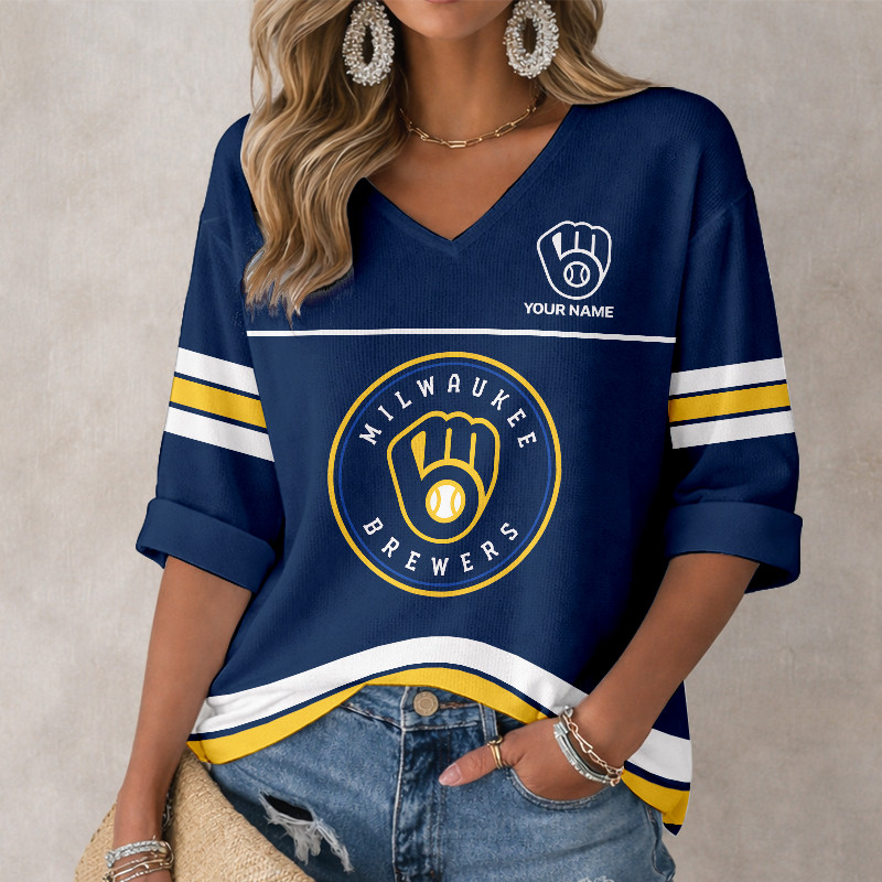 LIMITED EDITION - NEW CUSTOMIZED MLB15 MBS MILWAUKEE BREWERS WOMEN'S HEART V-NECK LONG SLEEVE SHIRT