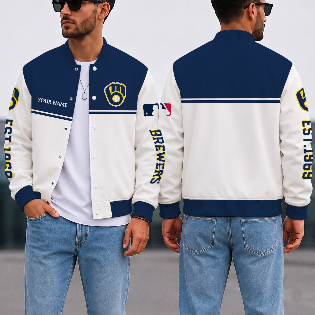 SPECIAL EDITION - NEW CUSTOMIZED MLB15 MBS MILWAUKEE BREWERS SATIN VARSITY & BASEBALL JACKET