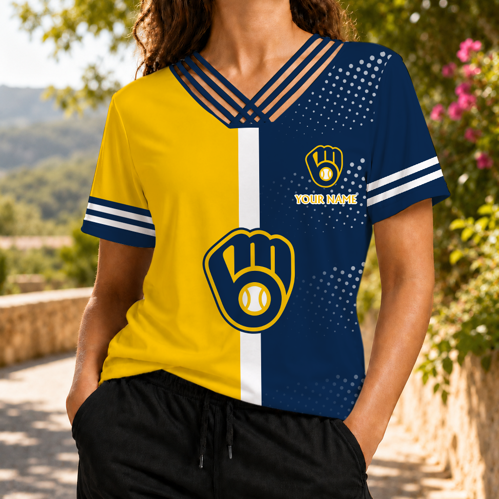LIMITED EDITION - NEW CUSTOMIZED MLB15 MBS MILWAUKEE BREWERS V-NECK SHIRT