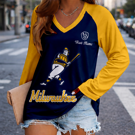 LIMITED EDITION - NEW CUSTOMIZED MLB15 MBS MILWAUKEE BREWERS WOMEN'S V-NECK LONG SLEEVED SHIRT
