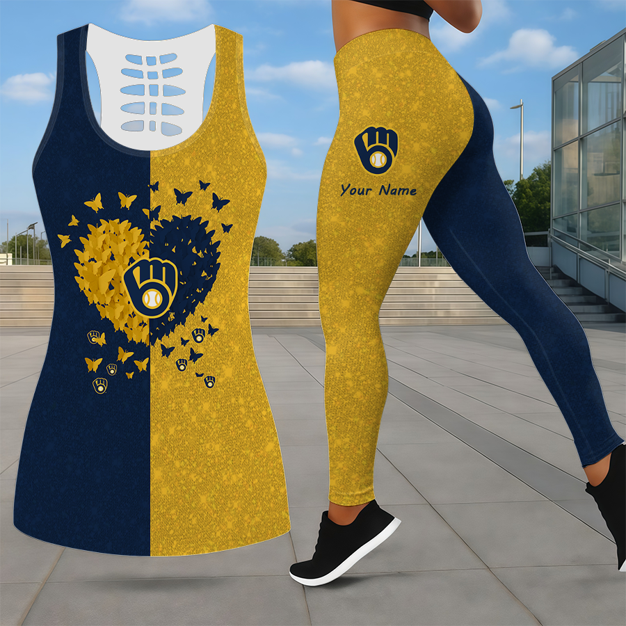 LIMITED EDITION - NEW CUSTOMIZED MLB15 MBS MILWAUKEE BREWERS LEGGINGS & HOLLOW TANK TOP SET
