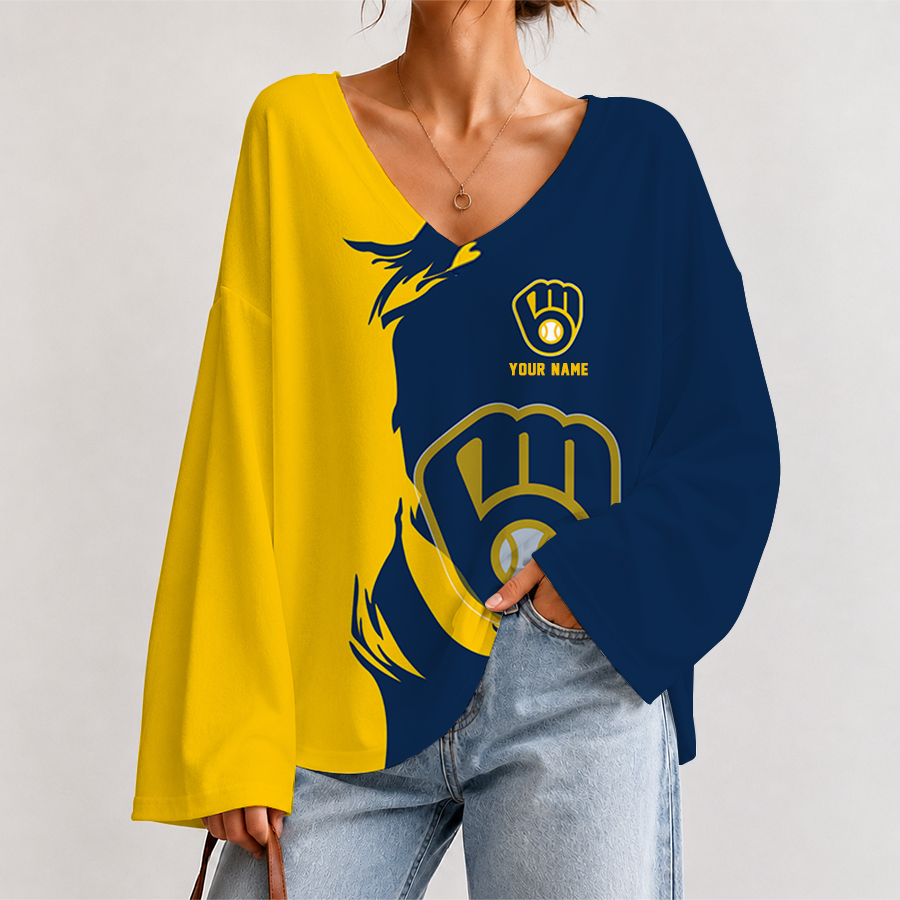 [FLASH SALE] NEW CUSTOMIZED MLB15 MBS MILWAUKEE BREWERS V-NECK LONG SLEEVED CROP TOP