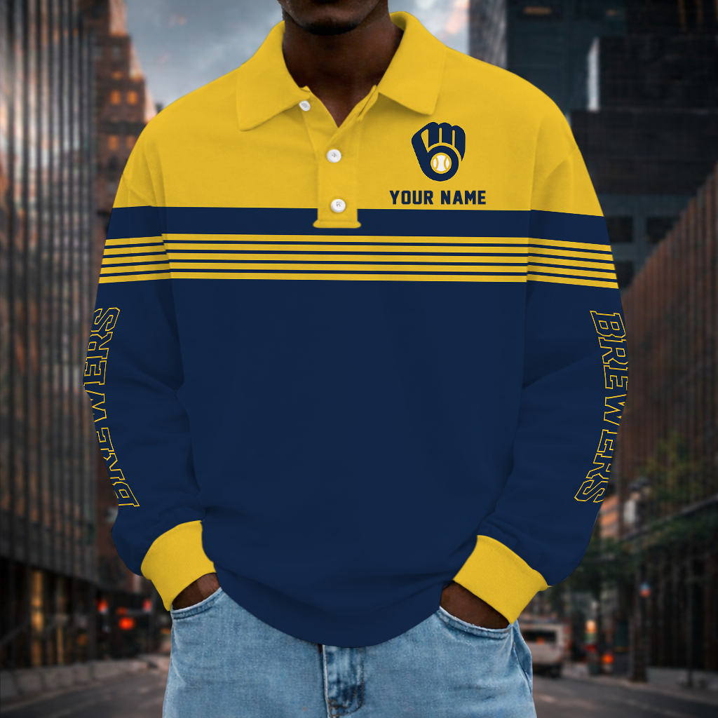 SPECIAL EDITION - NEW CUSTOMIZED MLB15 MBS MILWAUKEE BREWERS MEN'S LONG SLEEVE POLO