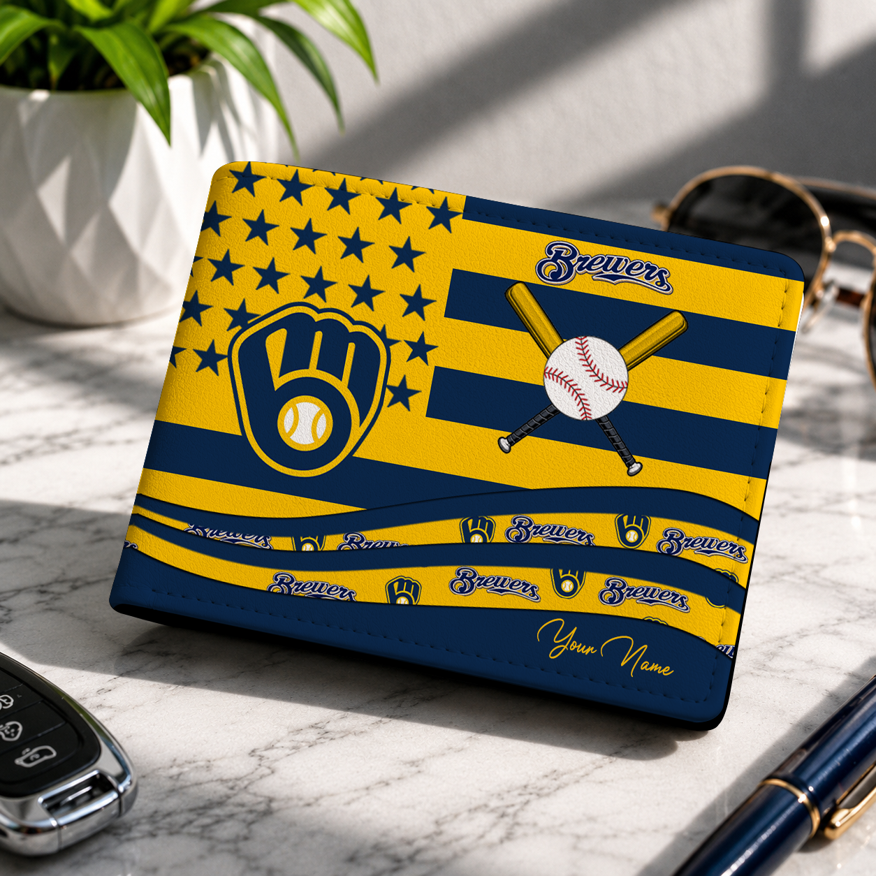 LIMITED EDITION - NEW CUSTOMIZED MLB15 MBS MILWAUKEE BREWERS LEATHER WALLET
