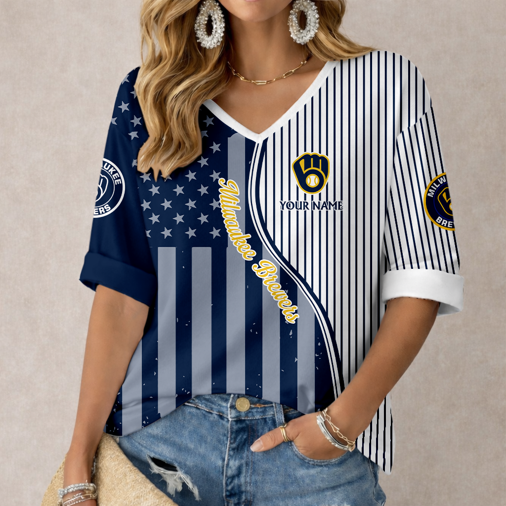 ELITE EDITION - NEW CUSTOMIZED MLB15 MBS MILWAUKEE BREWERS WOMEN'S HEART V-NECK LONG SLEEVE SHIRT
