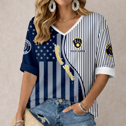 ELITE EDITION - NEW CUSTOMIZED MLB15 MBS MILWAUKEE BREWERS WOMEN'S HEART V-NECK LONG SLEEVE SHIRT
