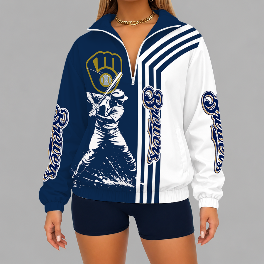 [FLASH SALE] NEW CUSTOMIZED MLB15 MBS MILWAUKEE BREWERS V-NECK ZIPPER SWEATSHIRT JACKET
