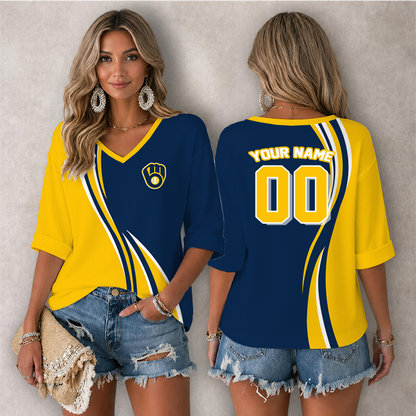LIMITED EDITION - NEW CUSTOMIZED MLB15 MBS MILWAUKEE BREWERS WOMEN'S HEART V-NECK LONG SLEEVE SHIRT