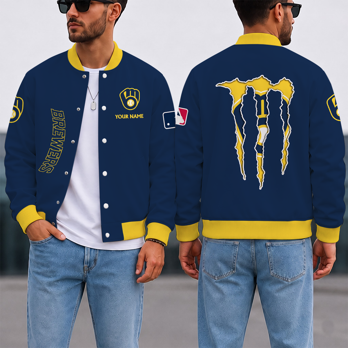 SPECIAL EDITION - NEW CUSTOMIZED MLB15 MBS MILWAUKEE BREWERS SATIN VARSITY & BASEBALL JACKET