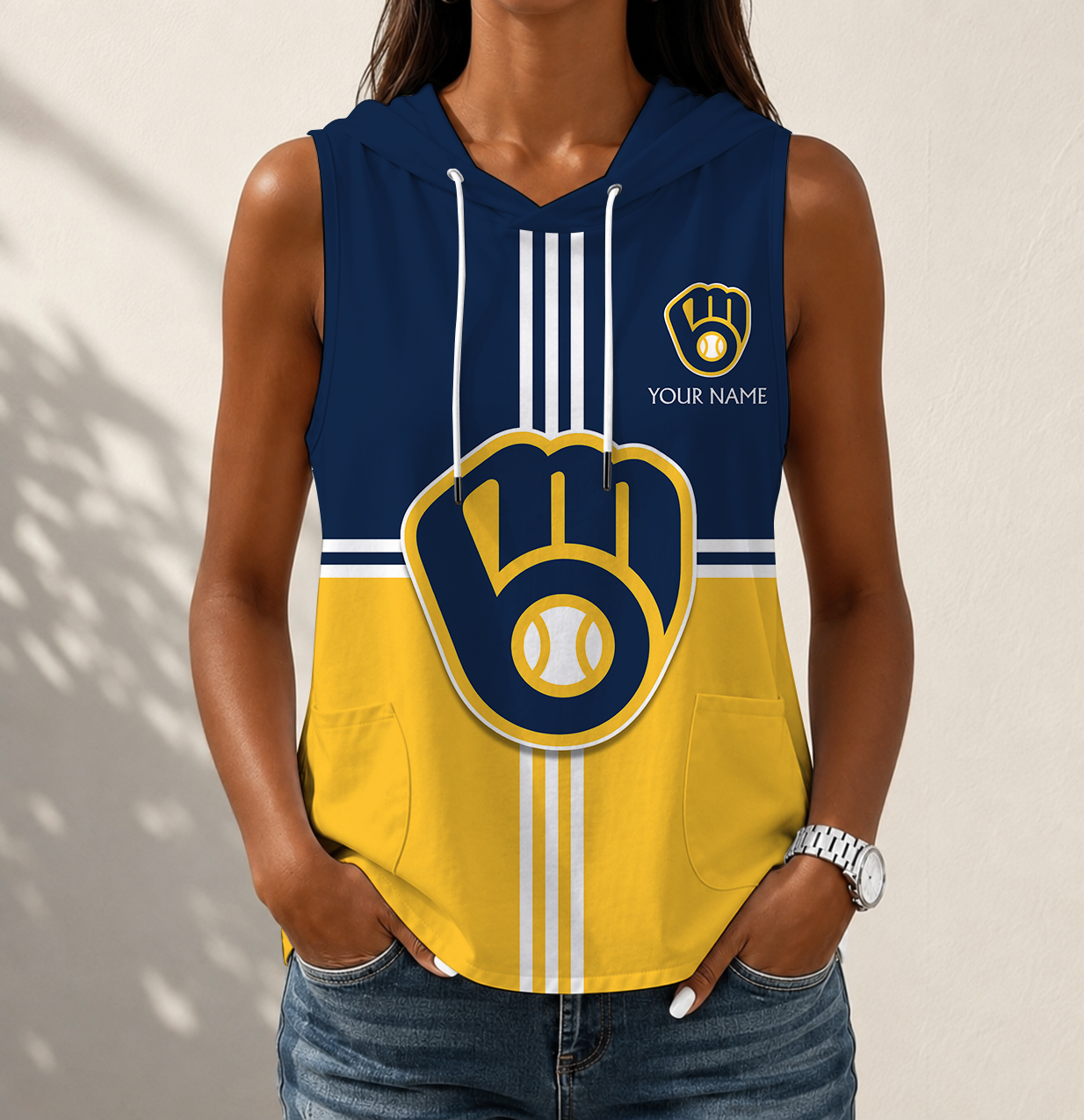 LIMITED EDITION - NEW CUSTOMIZED MLB15 MBS MILWAUKEE BREWERS WOMEN'S SLEEVELESS HOODED POCKET TANK TOP