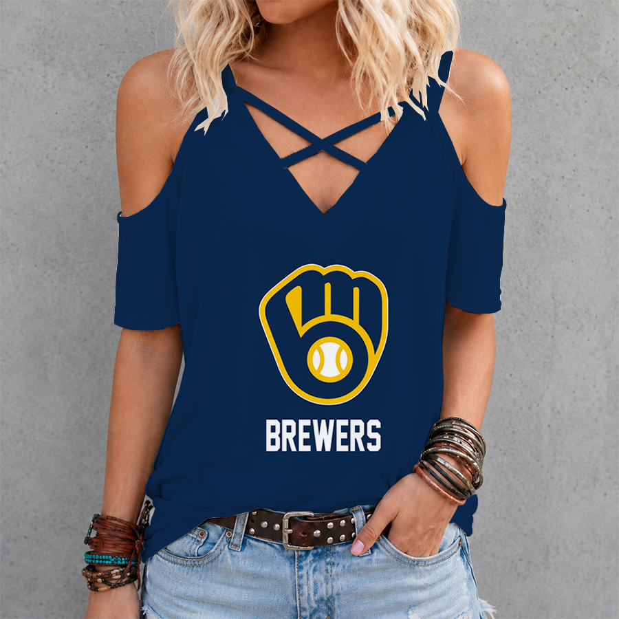 LIMITED EDITION - NEW CUSTOMIZED MLB15 MBS MILWAUKEE BREWERS CRISS CROSS V-NECK TOP