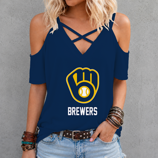 LIMITED EDITION - NEW CUSTOMIZED MLB15 MBS MILWAUKEE BREWERS CRISS CROSS V-NECK TOP