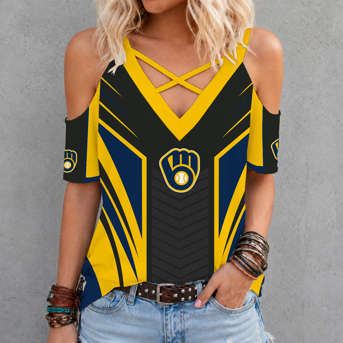[FLASH SALE] NEW CUSTOMIZED MLB15 MBS MILWAUKEE BREWERS CRISS CROSS V-NECK TOP