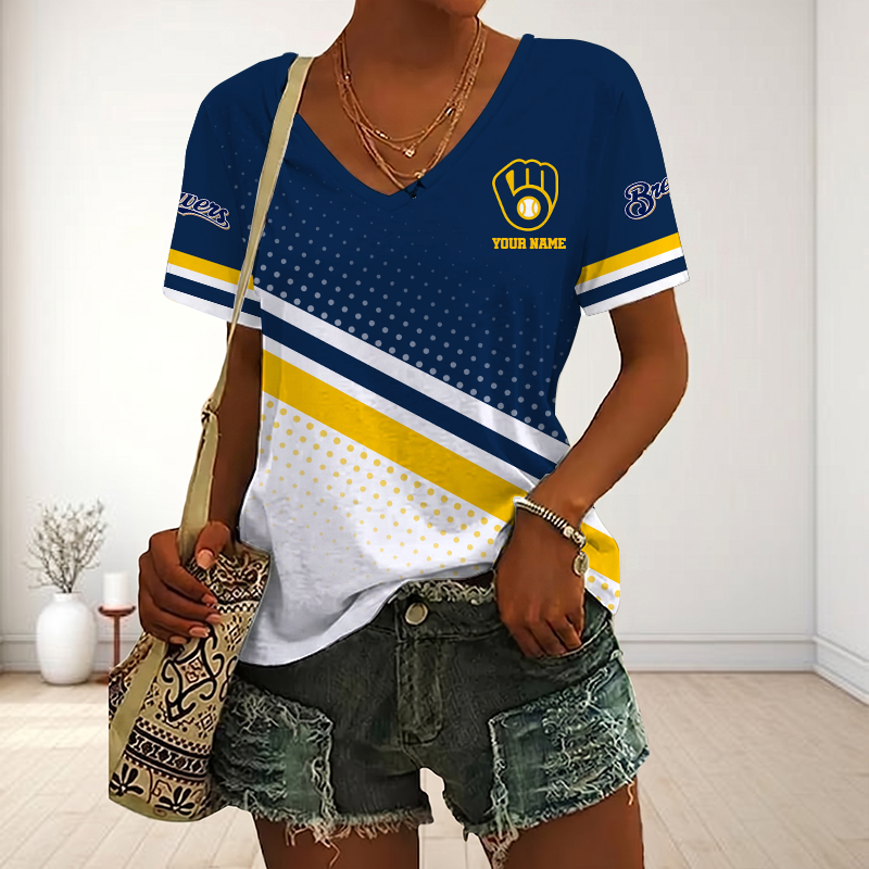 LIMITED EDITION - NEW CUSTOMIZED MLB15 MBS MILWAUKEE BREWERS V-NECK FEMALE SHIRT