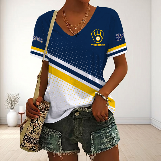 LIMITED EDITION - NEW CUSTOMIZED MLB15 MBS MILWAUKEE BREWERS V-NECK FEMALE SHIRT