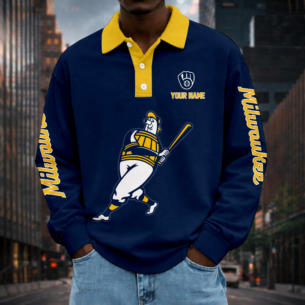 LIMITED EDITION - NEW CUSTOMIZED MLB15 MBS MILWAUKEE BREWERS MEN LONG SLEEVE POLO