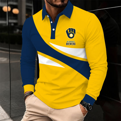 [FLASH SALE] NEW CUSTOMIZED MLB15 MBS MILWAUKEE BREWERS MEN'S LONG SLEEVE POLO