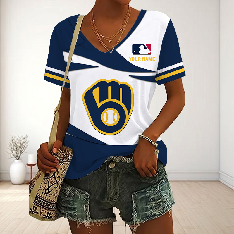 LIMITED EDITION - NEW CUSTOMIZED MLB15 MBS MILWAUKEE BREWERS V-NECK FEMALE SHIRT