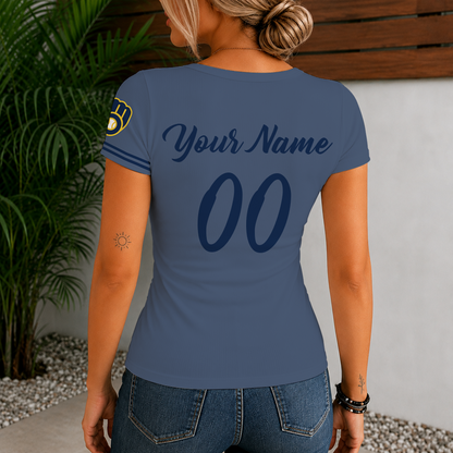 [FLASH SALE] NEW CUSTOMIZED MLB15 MBS MILWAUKEE BREWERS WOMEN'S SHORT SLEEVE HENLEY T-SHIRT