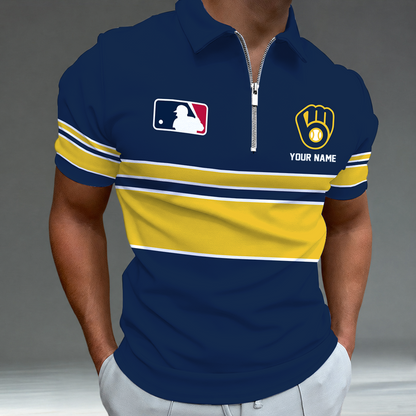 [FLASH SALE] NEW CUSTOMIZED MLB15 MBS MILWAUKEE BREWERS ZIP POLO SHIRT