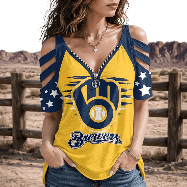 [FLASH SALE] NEW CUSTOMIZED MLB15 MBS MILWAUKEE BREWERS STRAPPY COLD-SHOULDER TOP