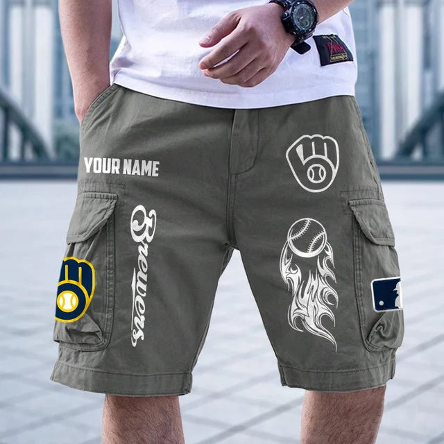 [FLASH SALE] NEW CUSTOMIZED MLB15 MBS MILWAUKEE BREWERS MEN'S CARGO SHORTS