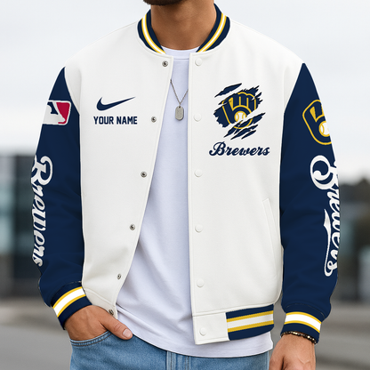 LIMITED EDITION - NEW CUSTOMIZED MLB15 MBS MILWAUKEE BREWERS BASEBALL JACKET, SATIN VARSITY JACKET