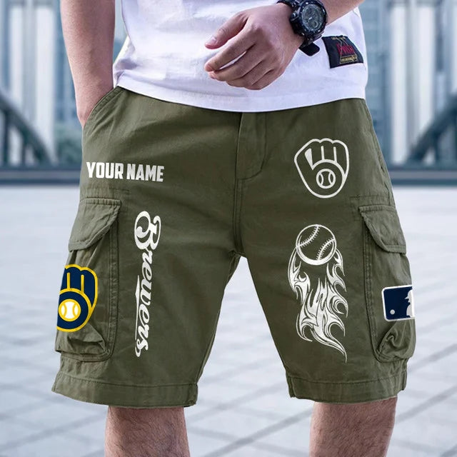 [FLASH SALE] NEW CUSTOMIZED MLB15 MBS MILWAUKEE BREWERS MEN'S CARGO SHORTS