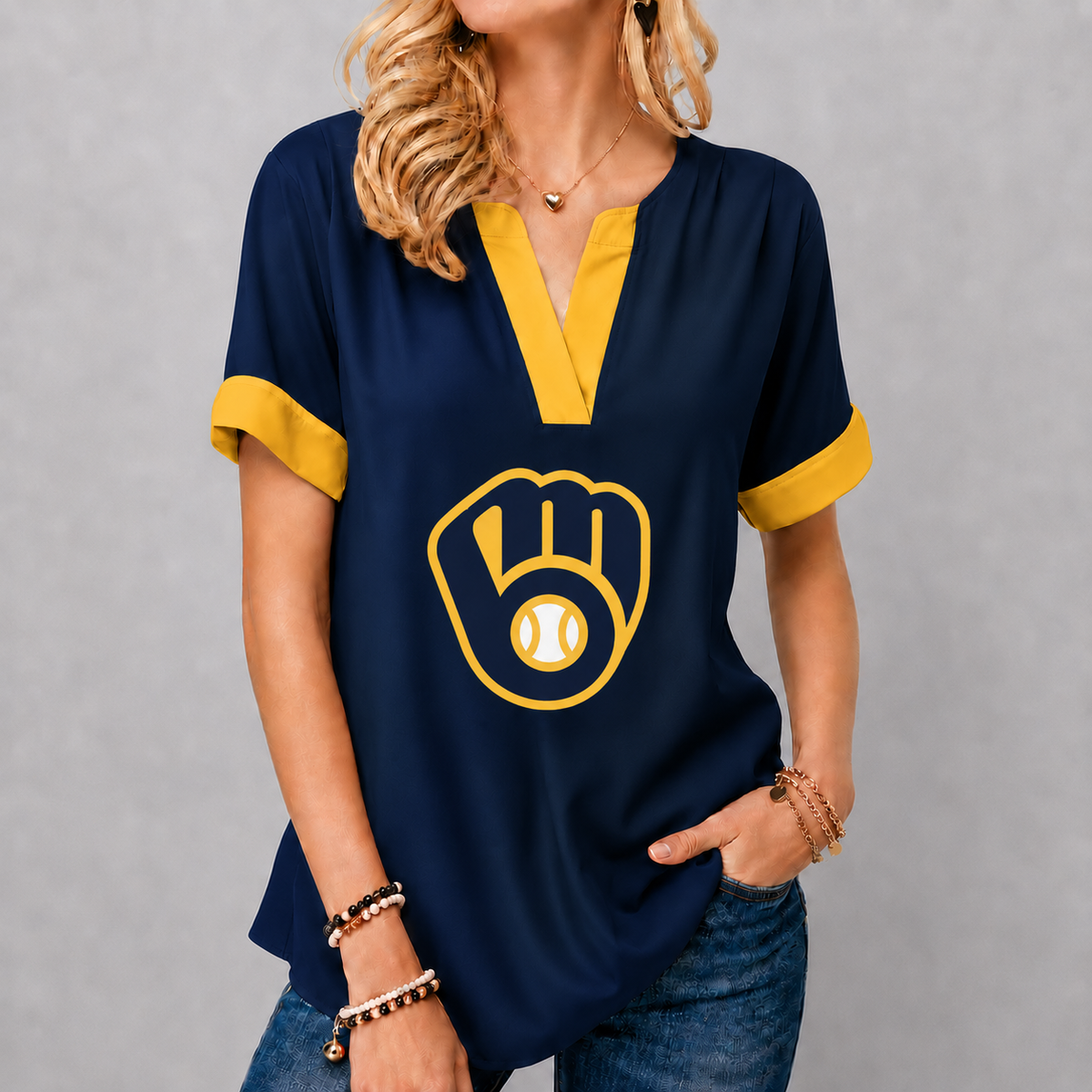 LIMITED EDITION - NEW CUSTOMIZED MLB15 MBS MILWAUKEE BREWERS V-NECK FEMALE SHIRT