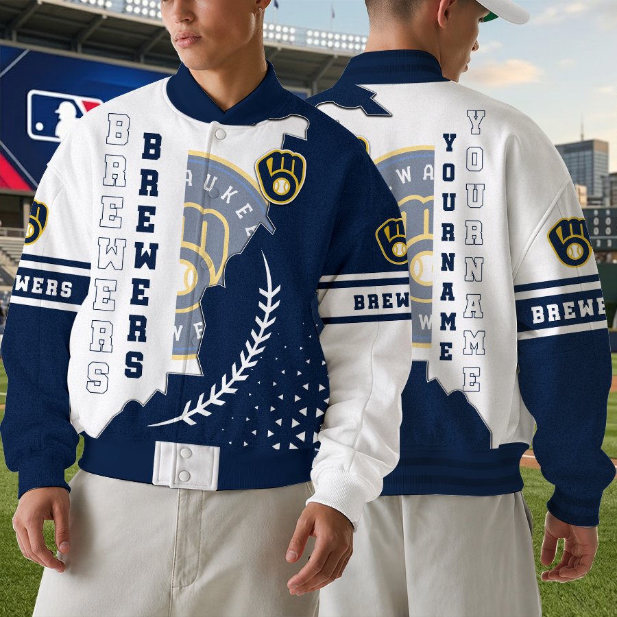LIMITED EDITION - NEW CUSTOMIZED MLB15 MBS MILWAUKEE BREWERS SATIN VARSITY & BASEBALL JACKET