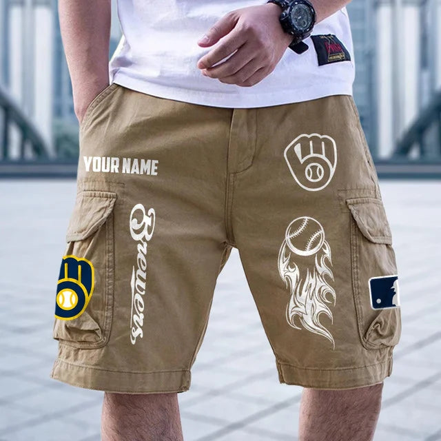 [FLASH SALE] NEW CUSTOMIZED MLB15 MBS MILWAUKEE BREWERS MEN'S CARGO SHORTS